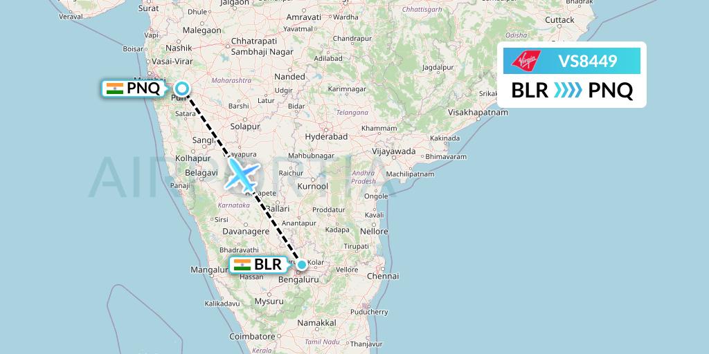 VS8449 Virgin Atlantic Airways Flight Map: Bangalore to Pune