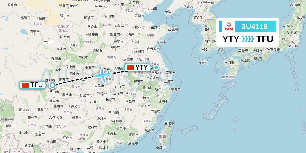3U4118 Sichuan Airlines Flight Map: Yangzhou to Chengdu