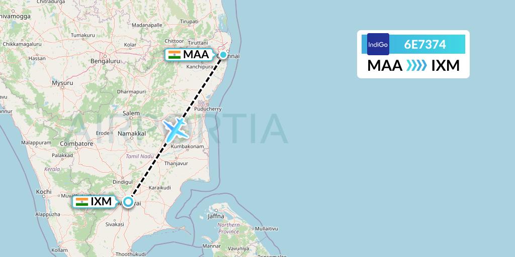 6E7374 IndiGo Airlines Flight Map: Chennai to Madurai