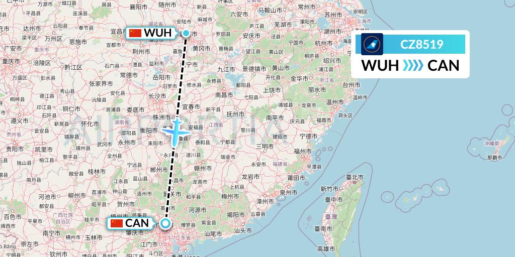 CZ8519 China Southern Airlines Flight Map: Wuhan to Guangzhou