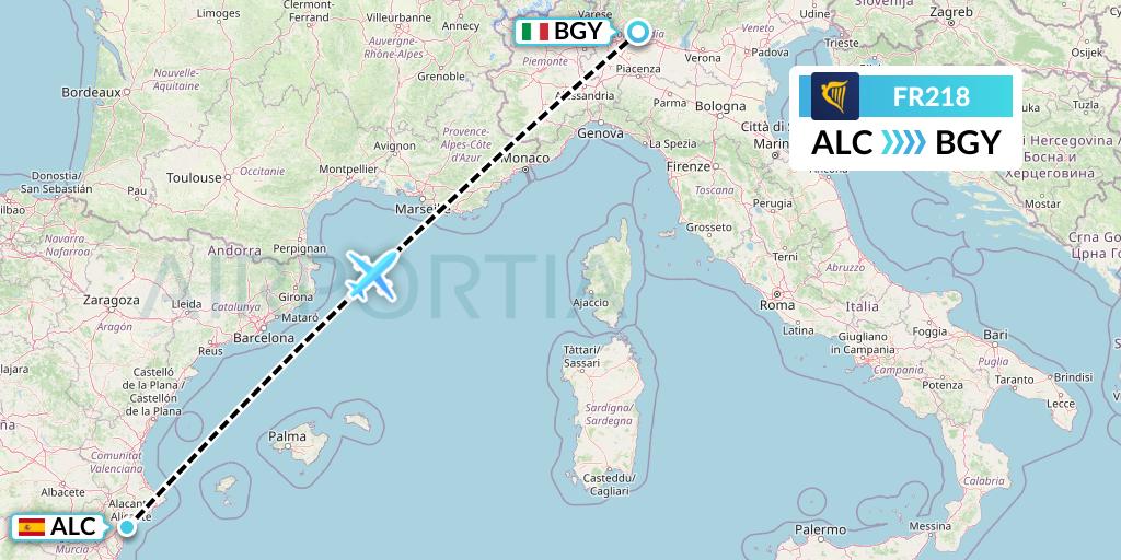 FR218 Ryanair Flight Map: Alicante to Milan