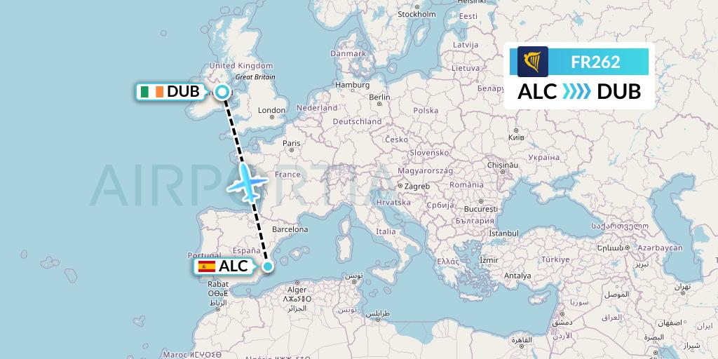 FR262 Ryanair Flight Map: Alicante to Dublin