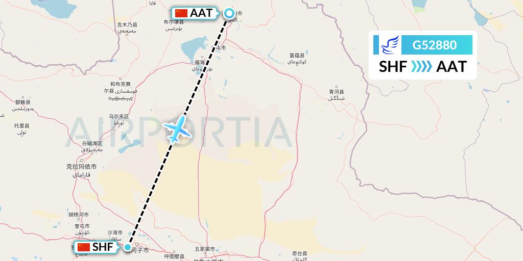 G52880 China Express Airlines Flight Map: Shihezi to Altay