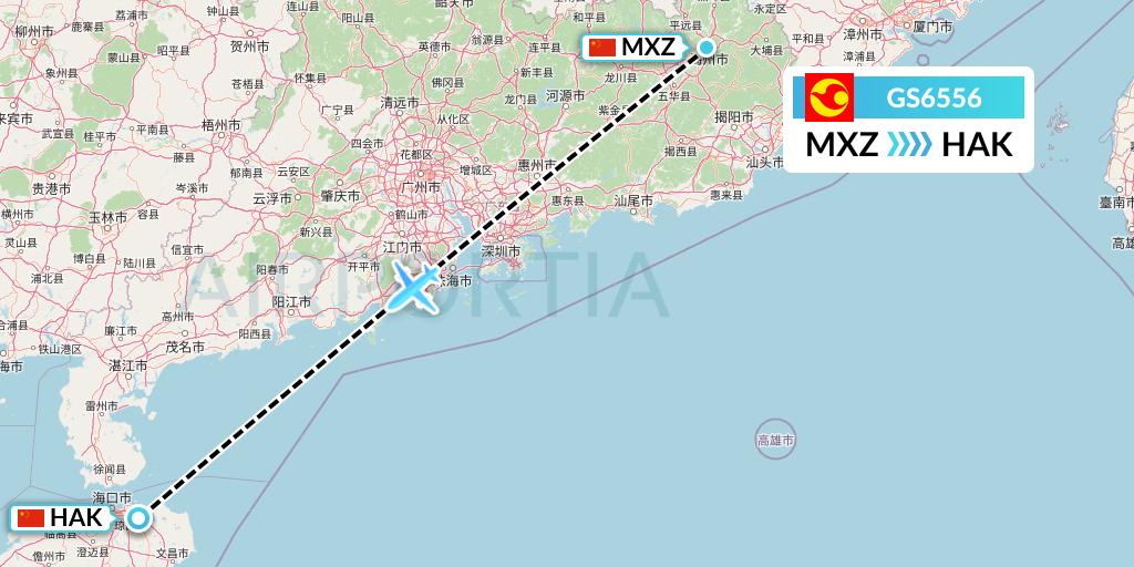 GS6556 Tianjin Airlines Flight Map: Meixian to Haikou
