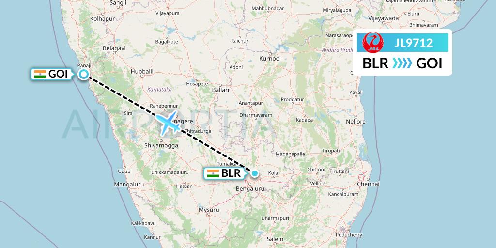 JL9712 Japan Airlines Flight Map: Bangalore to Goa