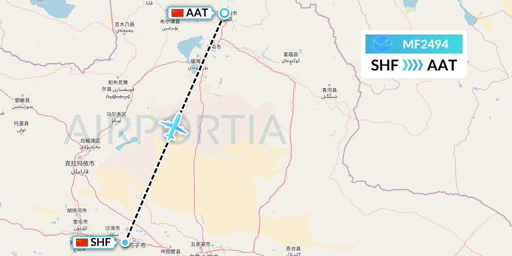 MF2494 Xiamen Airlines Flight Map: Shihezi to Altay