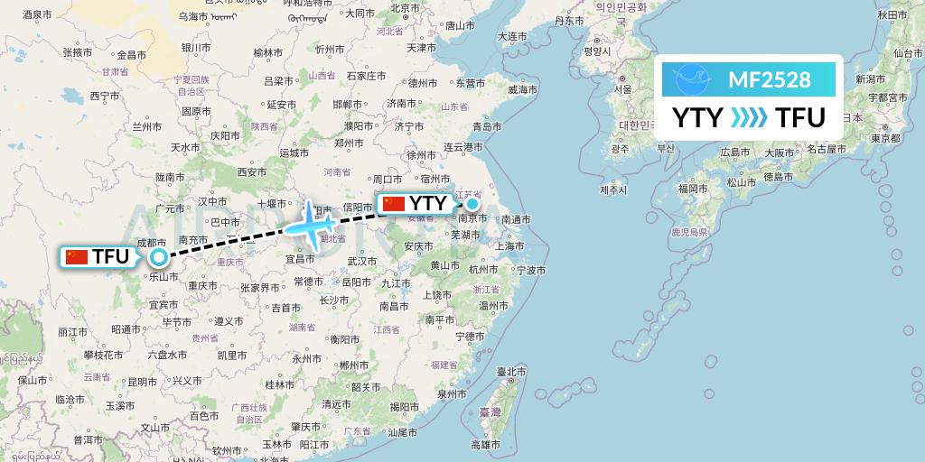 MF2528 Xiamen Airlines Flight Map: Yangzhou to Chengdu