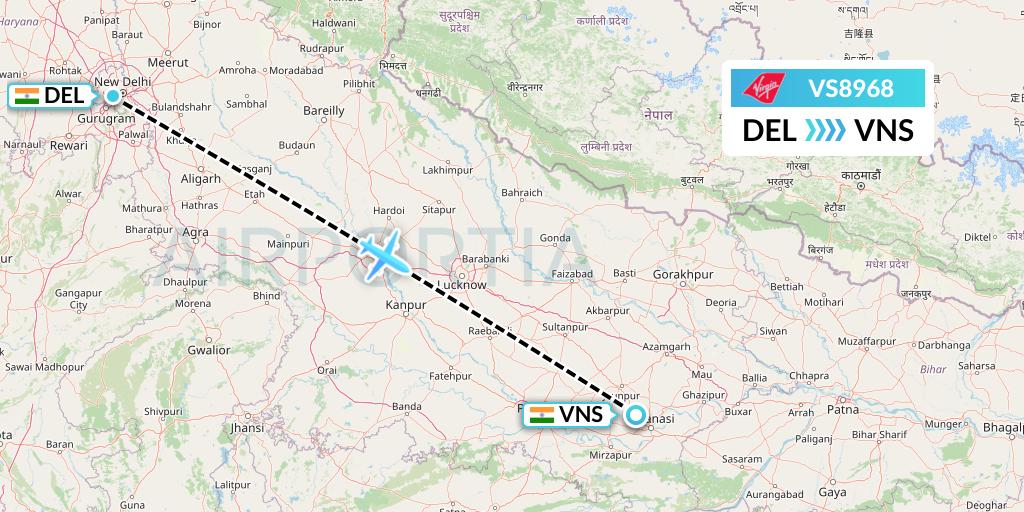 VS8968 Virgin Atlantic Airways Flight Map: Delhi to Varanasi