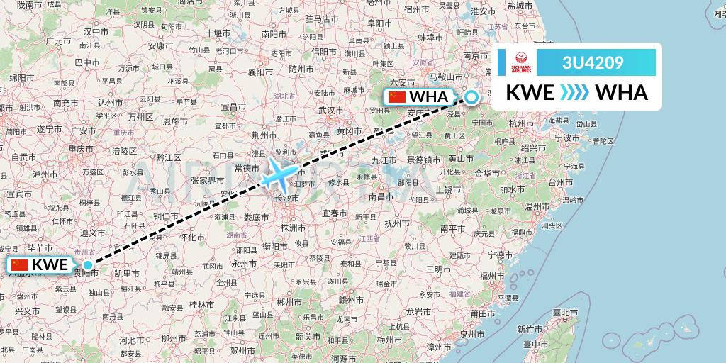 3U4209 Sichuan Airlines Flight Map: Guiyang to Wuhu