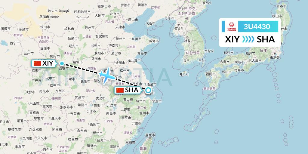 3U4430 Sichuan Airlines Flight Map: Xi'an to Shanghai