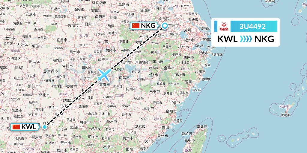 3U4492 Sichuan Airlines Flight Map: Guilin to Nanjing