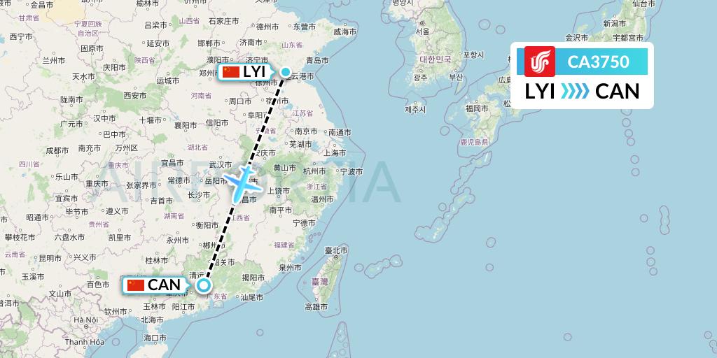 CA3750 Air China Flight Map: Linyi to Guangzhou