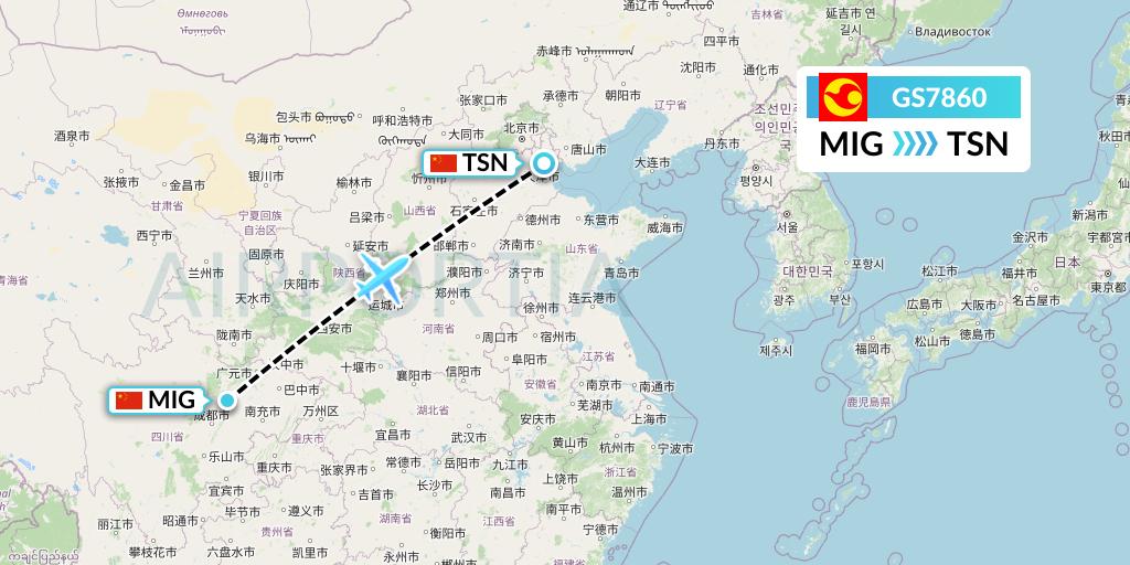 GS7860 Tianjin Airlines Flight Map: Mianyang to Tianjin