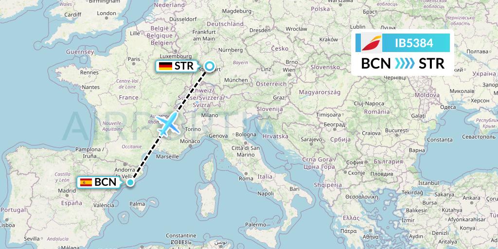 IB5384 Iberia Flight Map: Barcelona to Stuttgart