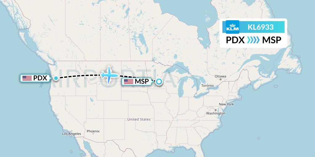 KL6933 KLM Flight Map: Portland to Minneapolis