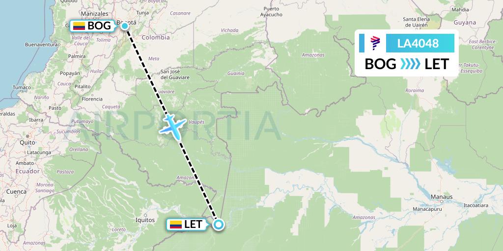 LA4048 LAN Airlines Flight Map: Bogota to Leticia