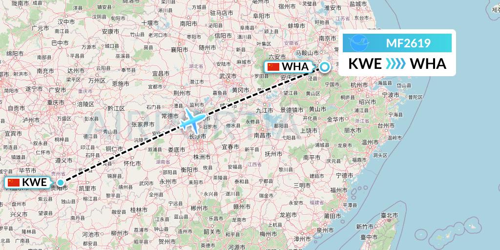 MF2619 Xiamen Airlines Flight Map: Guiyang to Wuhu