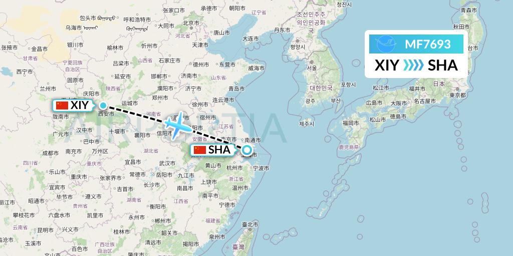 MF7693 Xiamen Airlines Flight Map: Xi'an to Shanghai