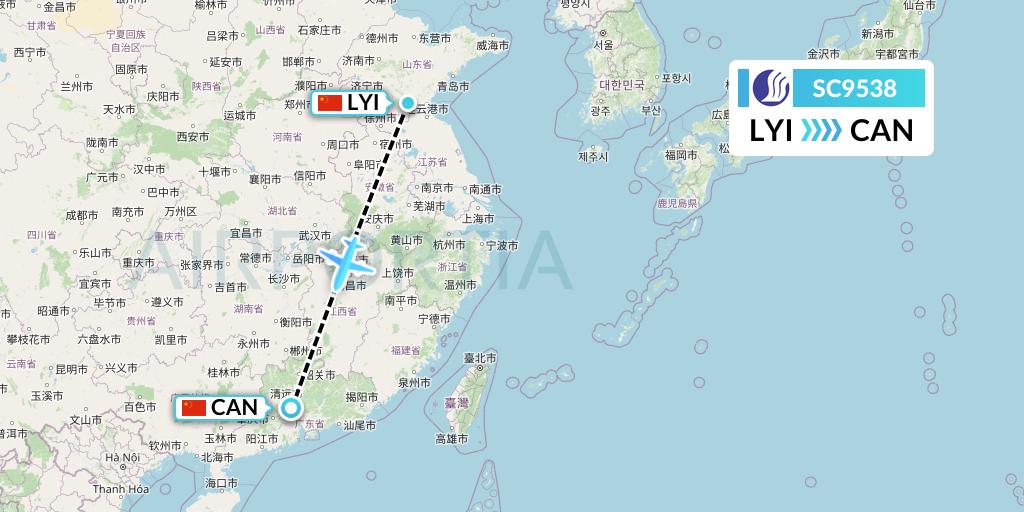 SC9538 Shandong Airlines Flight Map: Linyi to Guangzhou