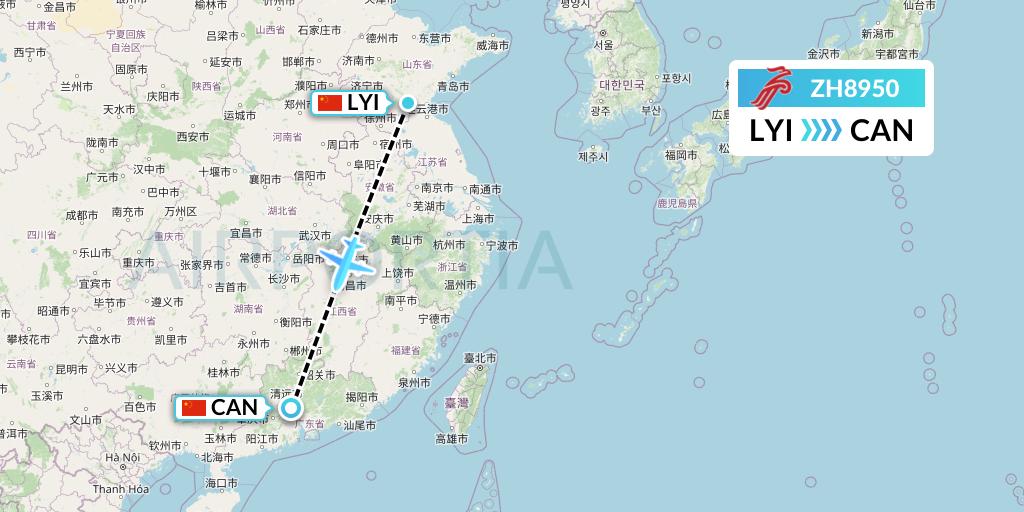 ZH8950 Shenzhen Airlines Flight Map: Linyi to Guangzhou