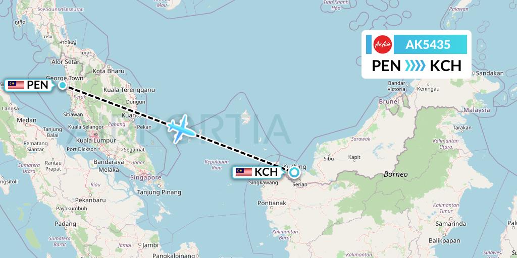 AK5435 AirAsia Flight Map: Penang to Kuching
