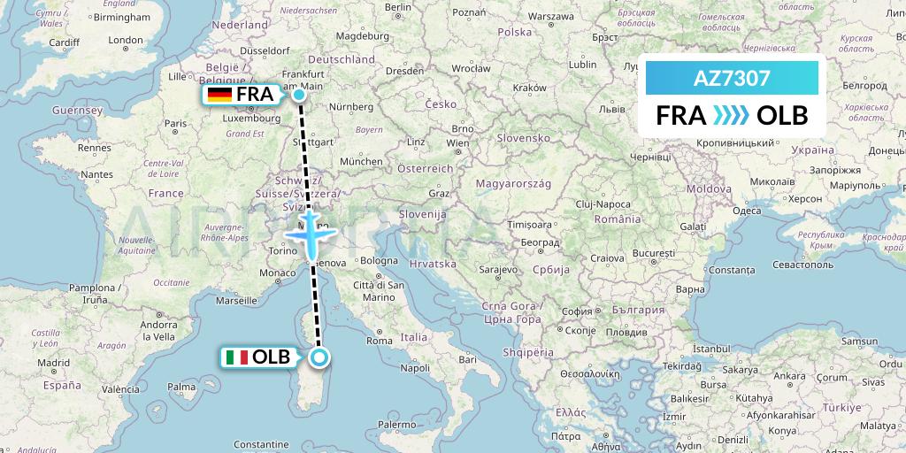 AZ7307 ITA Airways Flight Map: Frankfurt to Olbia