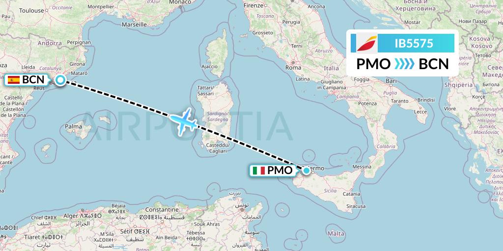 IB5575 Iberia Flight Map: Palermo to Barcelona