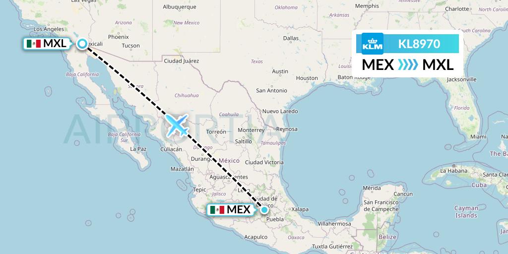KL8970 KLM Flight Map: Mexico City to Mexicali