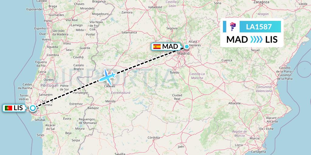 LA1587 LAN Airlines Flight Map: Madrid to Lisbon