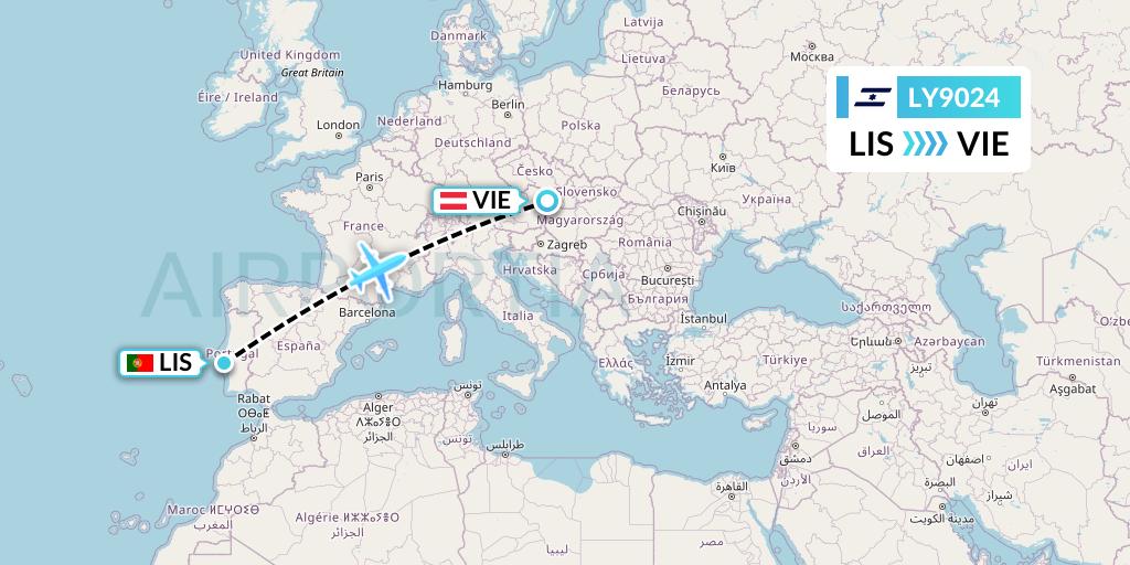 LY9024 El Al Flight Map: Lisbon to Vienna