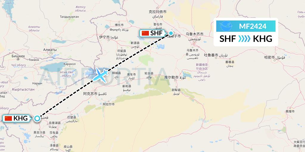 MF2424 Xiamen Airlines Flight Map: Shihezi to Kashgar