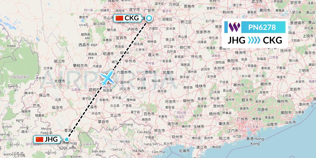 PN6278 China West Air Flight Map: Jinghong to Chongqing
