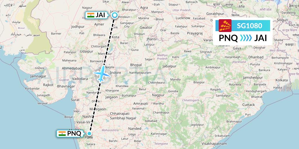 SG1080 SpiceJet Flight Map: Pune to Jaipur