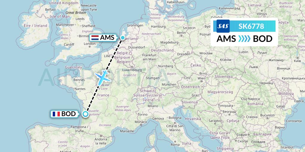 SK6778 SAS Flight Map: Amsterdam to Bordeaux