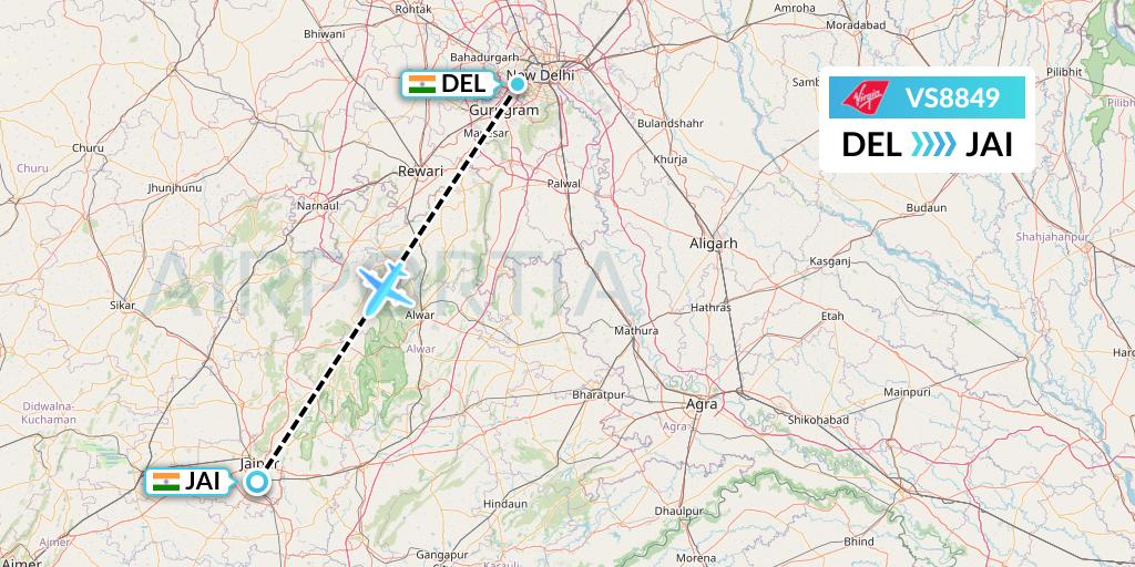 VS8849 Virgin Atlantic Airways Flight Map: Delhi to Jaipur
