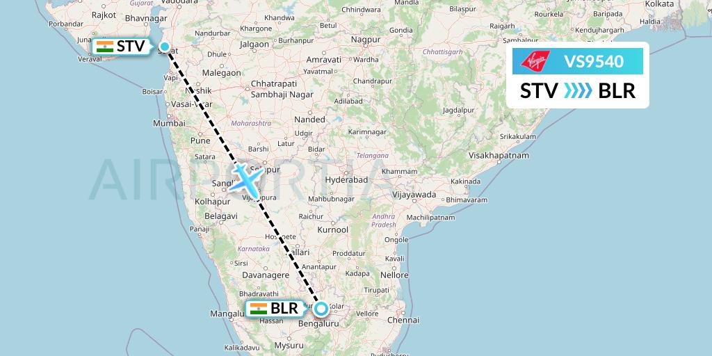 VS9540 Virgin Atlantic Airways Flight Map: Surat to Bangalore