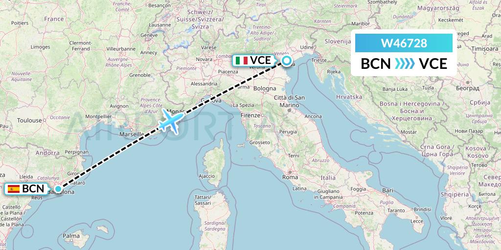 W46728 Wizz Air Malta Flight Map: Barcelona to Venice