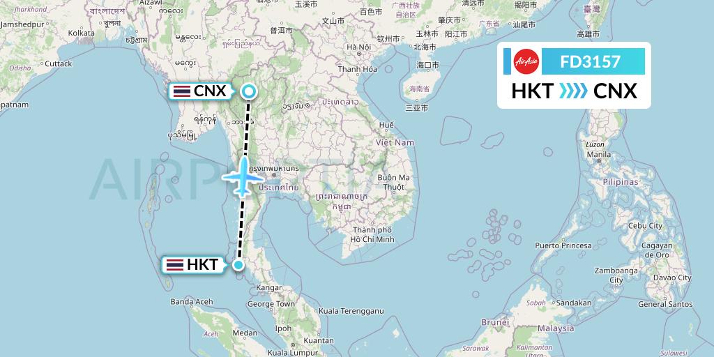 FD3157 Thai AirAsia Flight Map: Phuket to Chiang Mai