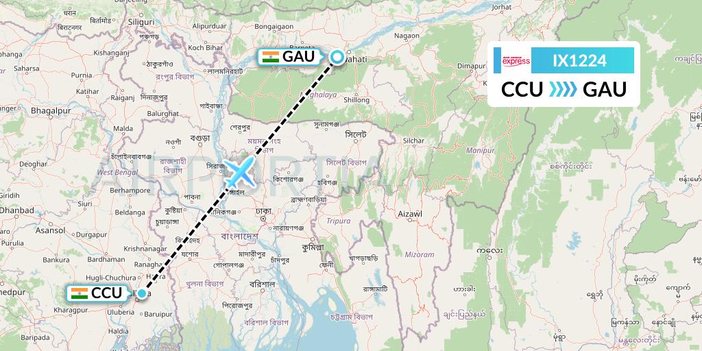 IX1224 Air India Express Flight Map: Kolkata to Guwahati