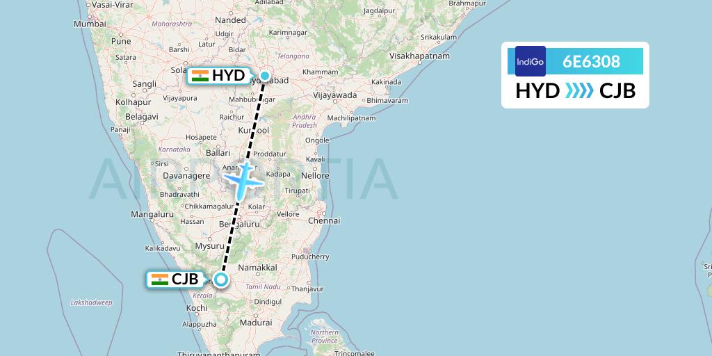 6E6308 IndiGo Airlines Flight Map: Hyderabad to Coimbatore