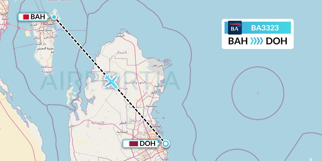 BA3323 British Airways Flight Map: Bahrain to Doha