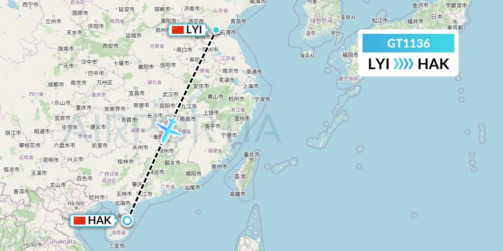GT1136 Air Guilin Flight Map: Linyi to Haikou