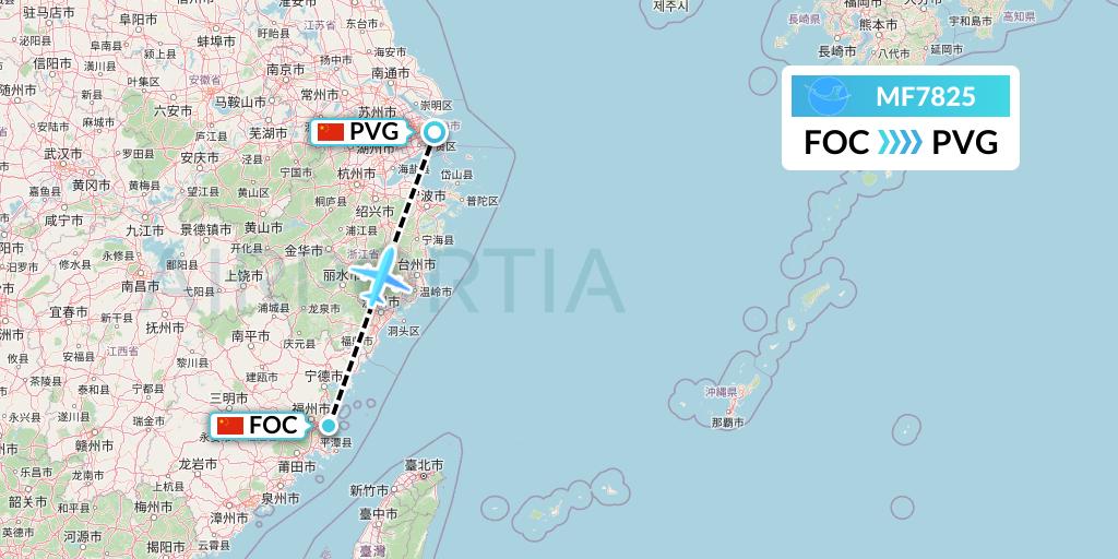 MF7825 Xiamen Airlines Flight Map: Fuzhou to Shanghai