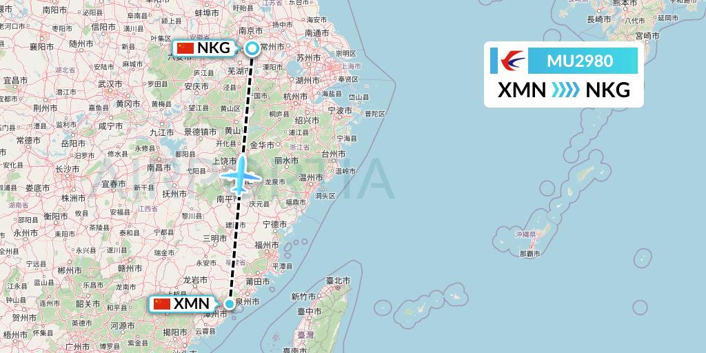 MU2980 China Eastern Airlines Flight Map: Xiamen to Nanjing