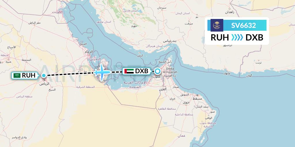 SV6632 Saudi Arabian Airlines Flight Map: Riyadh to Dubai