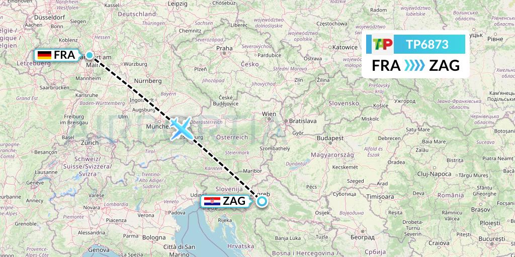 TP6873 TAP Portugal Flight Map: Frankfurt to Zagreb