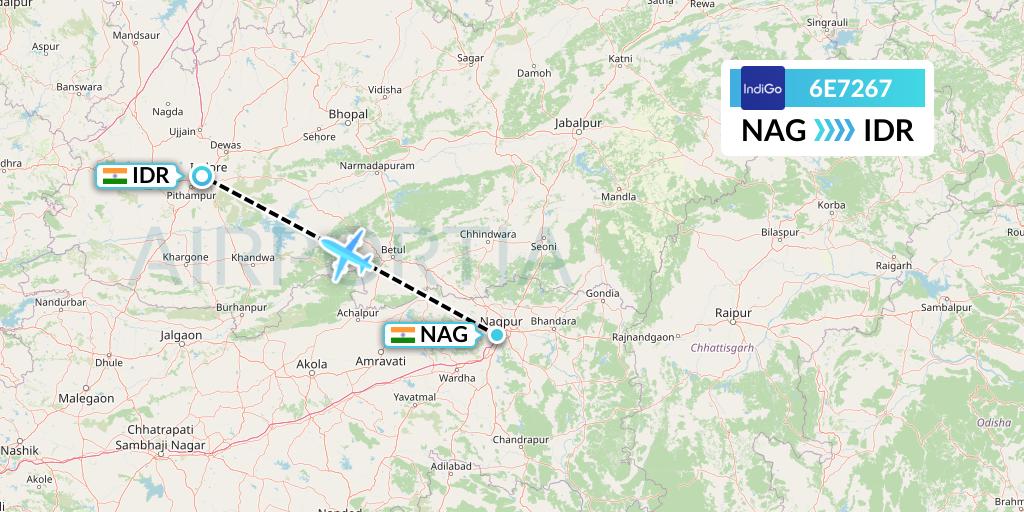 6E7267 IndiGo Airlines Flight Map: Nagpur to Indore