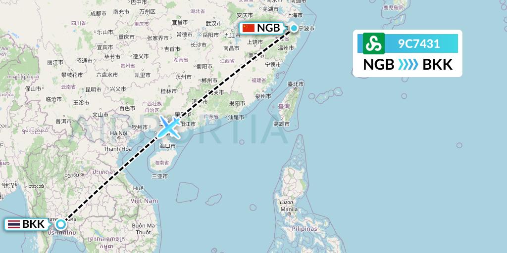 9C7431 Spring Airlines Flight Map: Ningbo to Bangkok