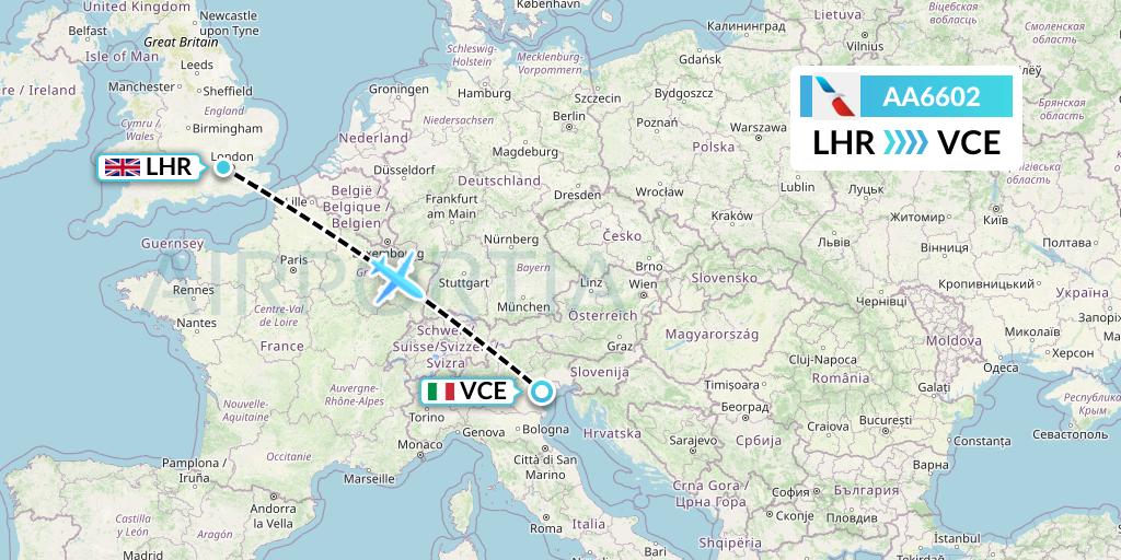 AA6602 American Airlines Flight Map: London to Venice