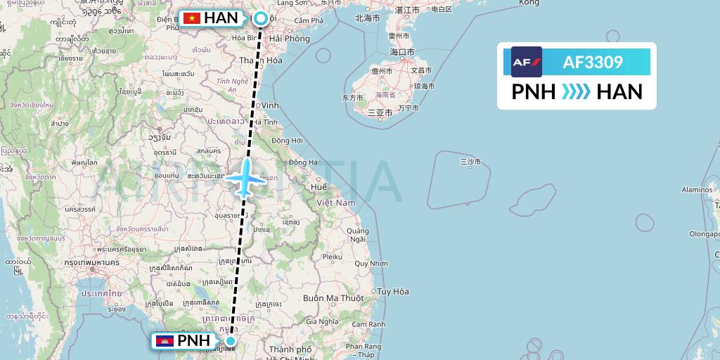 AF3309 Air France Flight Map: Phnom Penh to Hanoi